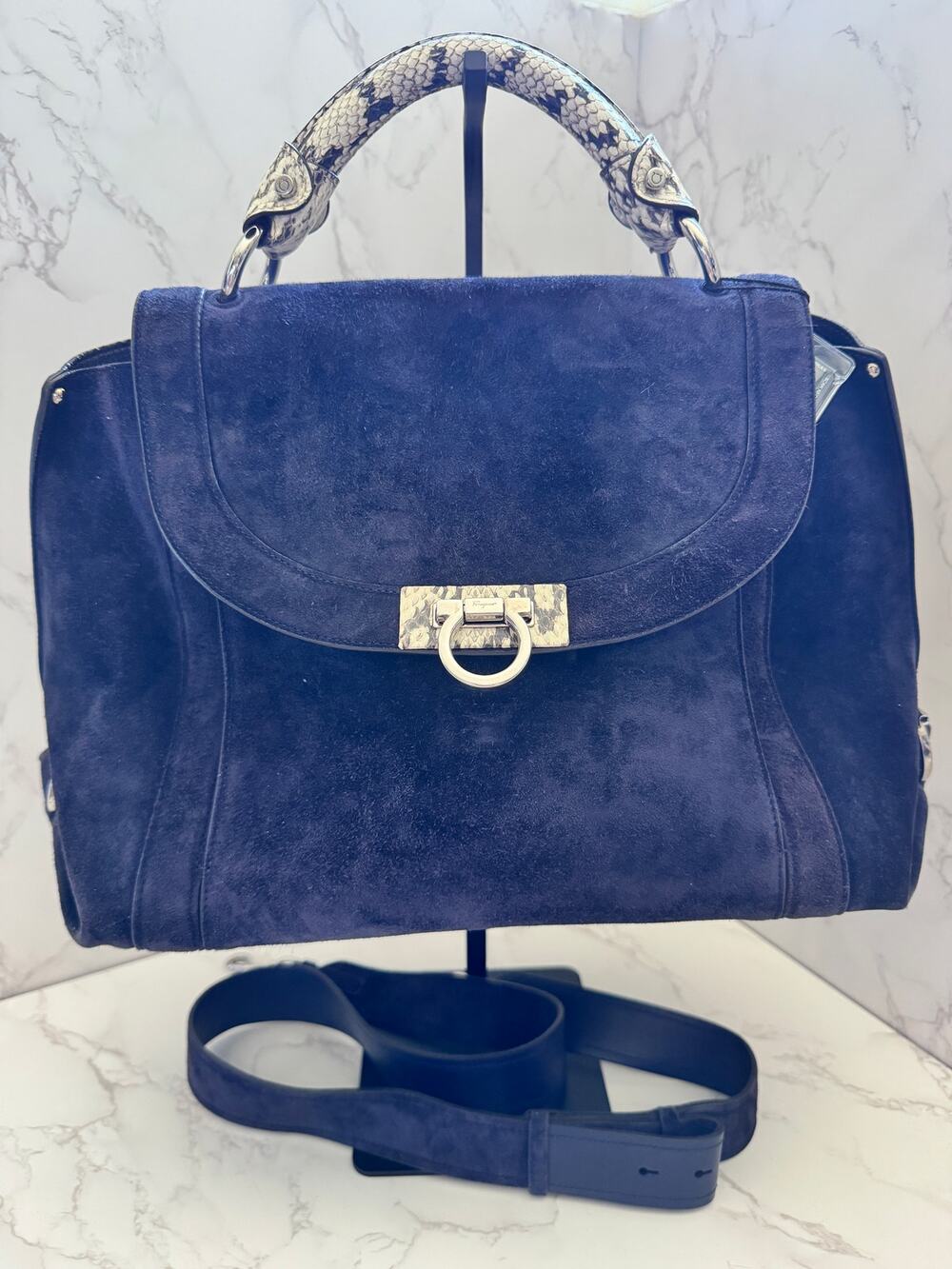 Salvatore Ferragamo Blue Suede and Exotic Python Top Handle Sophia Bag